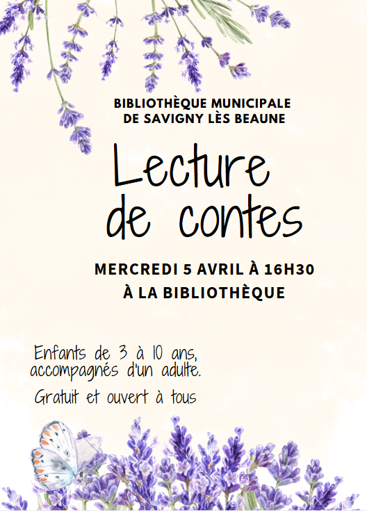 Lecture de contes à la bibliothèque de Savigny lès Beaune 5 avril à 16h30