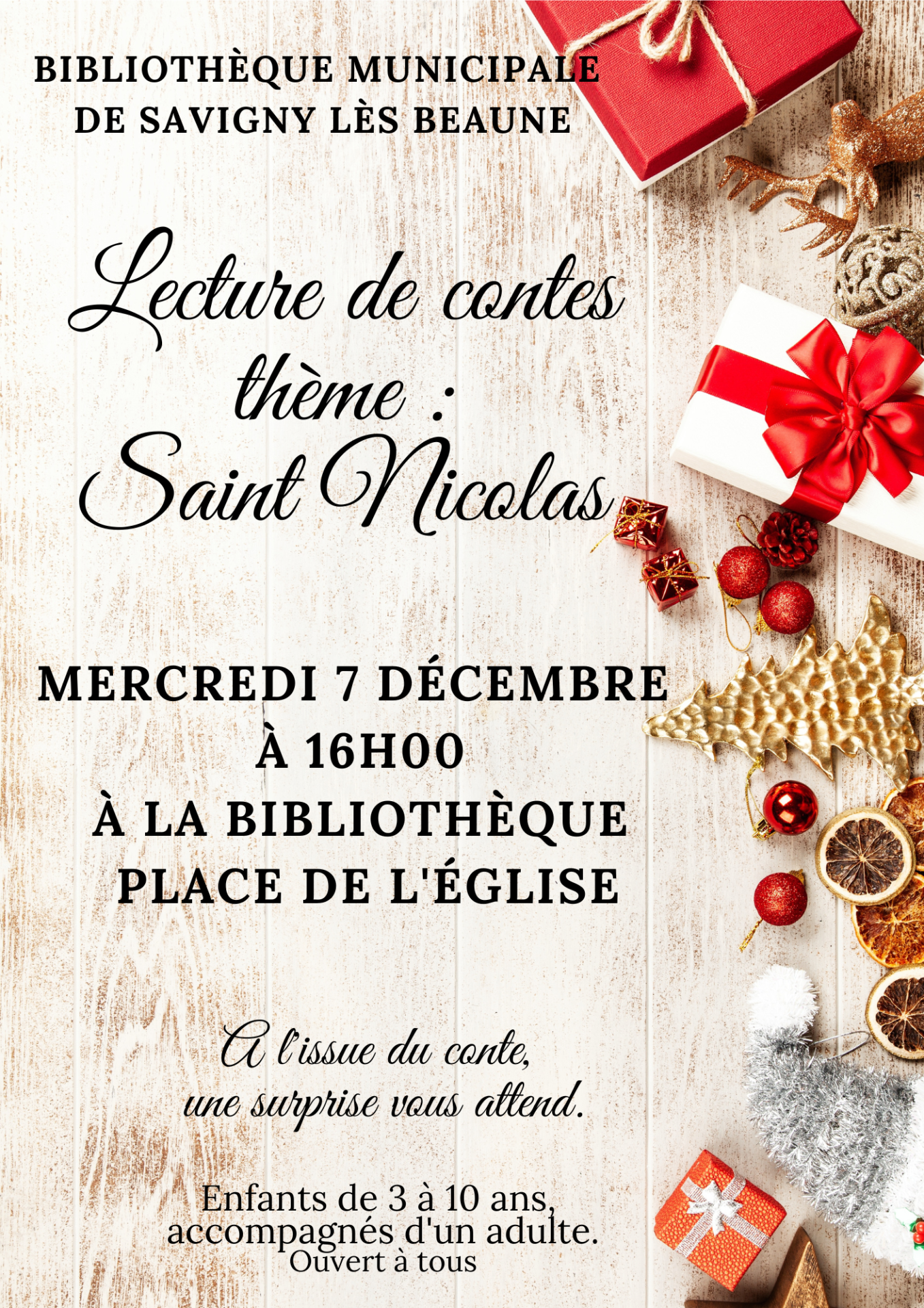 Lecture de contes à la bibliothèque de Savigny lès Beaune le 7 décembre à 16h