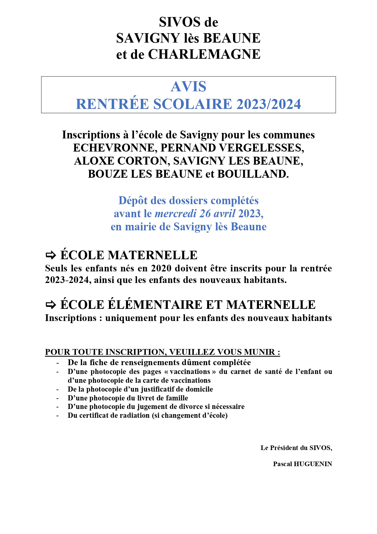 Inscriptions scolaires 2023-2024 école de Savigny les Beaune